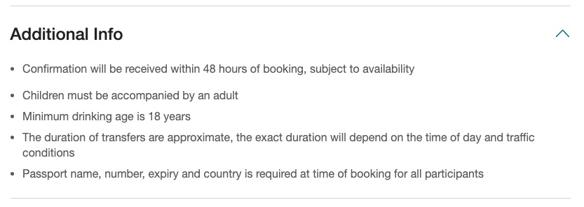 Manual confirmation info displayed on a product page on the Viator site